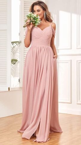 بولينسي فساتين وصيفات العروس بدون اكتاف مع جيوب شيفون مكشكشة بفتحة طويلة فستان سهرة رسمي in Kuwait