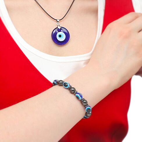 مجموعة أساور قلادة على شكل عين الشر من WBRWP: سلسلة حبل جلدية زجاجية ذات عيون زرقاء/قلادة محظوظة تركية من الفولاذ المقاوم للصدأ ومجموعة سوار عين الشر الأزرق للنساء والرجال والأولاد والبنات in Kuwait