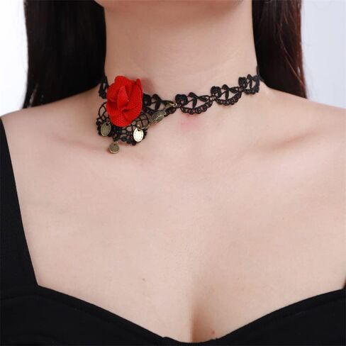 Sither Women Halloween Choker Necklace Red Rose Black Lace Gothic Necklace for Halloween Punk Costume Party Vampire Choker for Gift in Kuwait