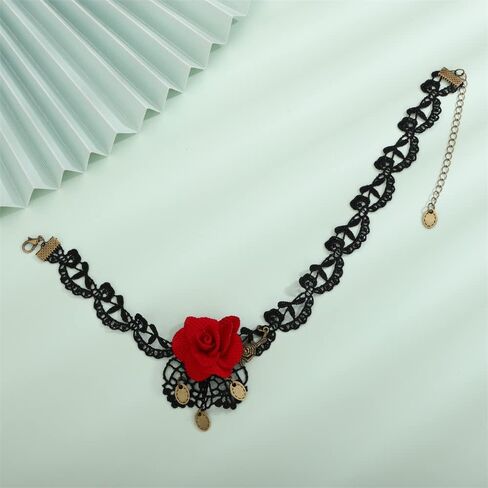 Sither Women Halloween Choker Necklace Red Rose Black Lace Gothic Necklace for Halloween Punk Costume Party Vampire Choker for Gift in Kuwait