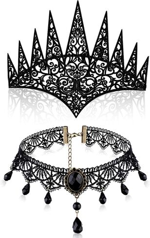 Halloween Die Cut Royal Crown Goth Queen Crown and Lace Choker Necklace Lace Choker Necklace for Halloween Costume Accessory in Saudi Arabia