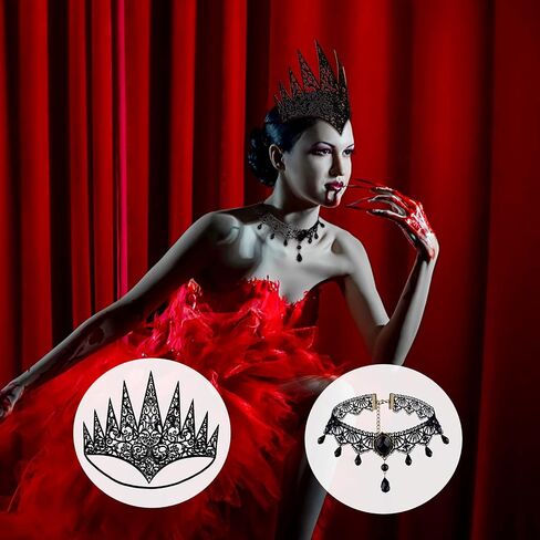 Halloween Die Cut Royal Crown Goth Queen Crown and Lace Choker Necklace Lace Choker Necklace for Halloween Costume Accessory in Saudi Arabia