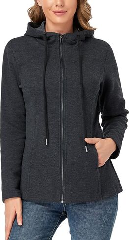 سويت شيرت نسائي بغطاء للرأس بسحاب كامل من PEIQI وأكمام طويلة وجيوب سترة خفيفة الوزن in Kuwait