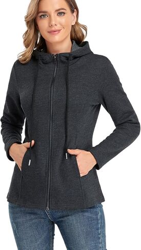 سويت شيرت نسائي بغطاء للرأس بسحاب كامل من PEIQI وأكمام طويلة وجيوب سترة خفيفة الوزن in Kuwait