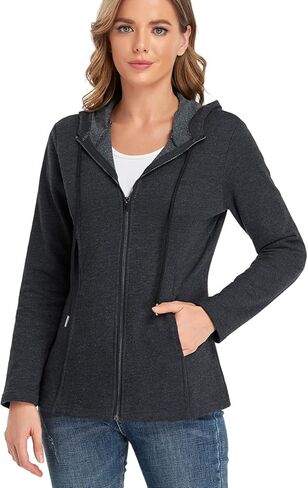 سويت شيرت نسائي بغطاء للرأس بسحاب كامل من PEIQI وأكمام طويلة وجيوب سترة خفيفة الوزن in Kuwait