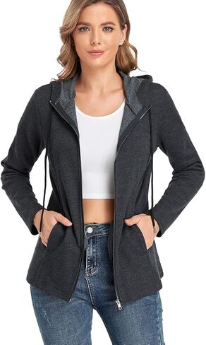 سويت شيرت نسائي بغطاء للرأس بسحاب كامل من PEIQI وأكمام طويلة وجيوب سترة خفيفة الوزن in Kuwait