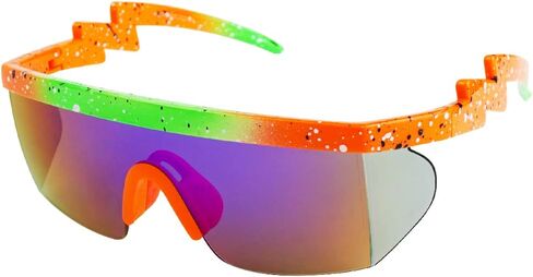 ShadyVEU Semi Rimless Neon Rainbow Sunglasses Mirrored Lens UV Protection 80s Retro Rave Shades Crooked ZigZag Bolt Arm in Kuwait