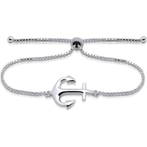 Hoops & Loops 925 Sterling Silver Sailor Anchor High Polished Hypoallergenic Anti-Tarnish Adjustable Bracelet for Women Men Teen Girls, Silver, Yellow Gold & Rose Gold