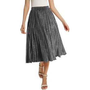 Women's High Elastic Waist Velvet A Line Pleated Swing Midi Skirt