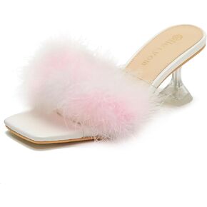 Heiyom Women's Square Toe High Stilettos Heels Mules Sandals Fluffy Feather Slip on Clear High Heels Wedding Bridal Party Dress Shoes