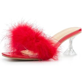 Heiyom Women's Square Toe High Stilettos Heels Mules Sandals Fluffy Feather Slip on Clear High Heels Wedding Bridal Party Dress Shoes in Kuwait