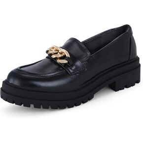 SHOBOO Women's Chunky Heeled Loafers with Gold Chain Trim - Slip-On Rubber Sole Shoes for Formal and Casual Wear