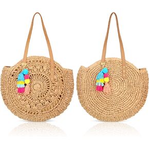 Hillban 2 Pcs Woven Beach Bag for Women Large Round Straw Bag Chic Boho Tote Bag Purse with Pom Tassels for Summer Vocation