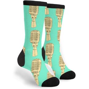 Striped Geometric Abstract Piano Keys Men Women Novelty Crew Tube Socks Gift, Sketch Old Microphone Vintage Style, One Size