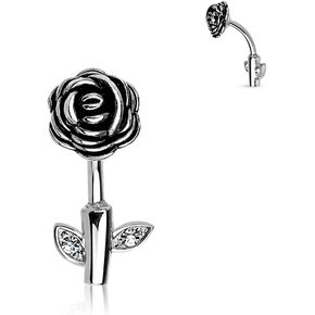 Forbidden Body Jewelry Surgical Steel Rhodium Plated Reverse Top Down Rose with CZ Crystals Belly Ring