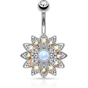Forbidden Body Jewelry CZ Crystal Pave Flower with Opalite Gemstone Center Belly Button Ring
