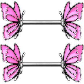 14GA 316L Stainless Steel Hot Pink Butterfly Ends Nipple Barbells, Sold as a Pair