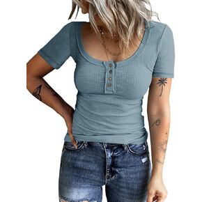 KINLONSAIR Women's Short Sleeve Tunics Tops Button Down Scoop Neck Ribbed Henley Shirts Summer Casual Solid T-Shirts