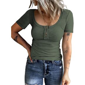 KINLONSAIR Women's Short Sleeve Tunics Tops Button Down Scoop Neck Ribbed Henley Shirts Summer Casual Solid T-Shirts