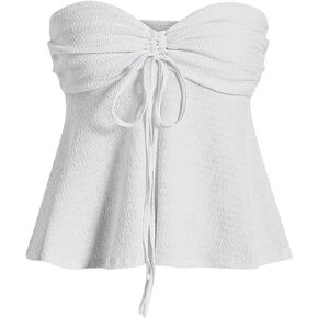 Milumia Women Tie Front Ruched Tube Top Strapless Flared Hem Peplum Bandeau Tops