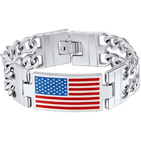 U7 Bracelets for Men American Flag Bracelets 4th of July Jewelry Leather Wristband Stainless Steel/18K Gold Plated/Black Cuban Link Chain Bracelets with US Flag Patriotic Bracelets,7.5/8.3/9 Inches