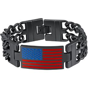 U7 Bracelets for Men American Flag Bracelets 4th of July Jewelry Leather Wristband Stainless Steel/18K Gold Plated/Black Cuban Link Chain Bracelets with US Flag Patriotic Bracelets,7.5/8.3/9 Inches