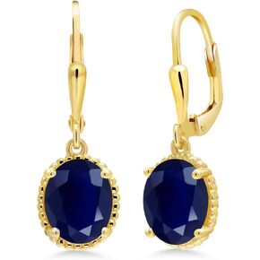 Gem Stone King 18K Yellow Gold Plated Silver Blue Sapphire Leverback Dangle Earrings For Women (5.00 Cttw, Gemstone September Birthstone, Oval 9X7MM)