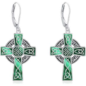 Celtic Knot Cross Earrings 925 Sterling Silver Abalone/Malachite Celtic Knot Cross Drop Earrings Celtic Knot Irish Religious Jewelry Gifts Birthday Christmas for Women Girls