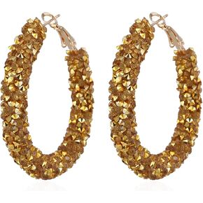 Bohemian Shiny Glitter Sequins Hoop Earrings Wrapped Gold Plated Circle Statement Rhinestone Dangle Drop Earrings for Women Girls Boho in Kuwait