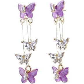 Purple Butterfly Earrings Crystal Butterfly Earings Long Tassels Shiny Butterfly Dangle Earrings Zircon Earrings for Women Crystal Rhinestone Drop Earrings 3D Long Butterfly Earrings for Women Girls
