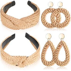 مجموعة من 4 قطع من عصابات الرأس المعقودة من القش مجموعة أقراط راتان ، واسعة ملفوفة عقدة عصابة رأس مصنوعة يدوياً أقراط بوهو هوب أقراط صيفية للنساء الفتيات الشاطئ عطلة تصميم أزياء in Kuwait