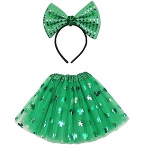 St. Patrick's Party Headband Hair Hoop and Veil Decorative Skirt Set, Green bow Headband Hair Band With Sequins Glitter Shamrock Clover Four leaf clover Hair Accessories Headdress for St. in Kuwait