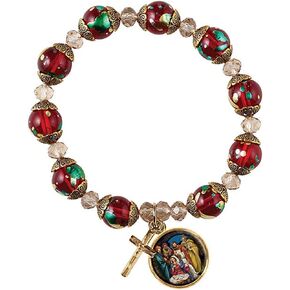 Beaded Rosary Bracelet Let Us Adore Him with Cross Charm, Red and Green Iridescent Beads, Religious Jewelry for Women, 7 1/2 Inch