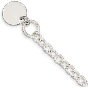 Solid 925 Sterling Silver Engravable Circular Disc on Unique Link Charm Bracelet 7.5" (Width = 20mm)