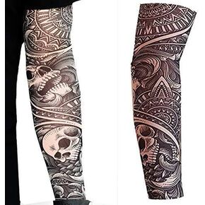 2 x Tattoo arm sleeves fake nylon elastic stocking full arm skulls halloween stretchy adult gotihic slip on biker goth gothic roses tribal 80's punk heavy metal rocker fancy dress cosplay