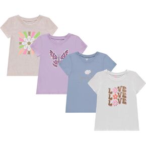 BTween Girls 4-Piece Summer Tops | Fashionable Short Sleeve T-Shirt | Casual Daily Shirt for Kids - Assorted Colors