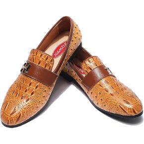 XQWFH Mens Casual Classic Crocodile Texture Loafer with Gold Buckle Penny Slip-On Wedding Party Prom Shoes