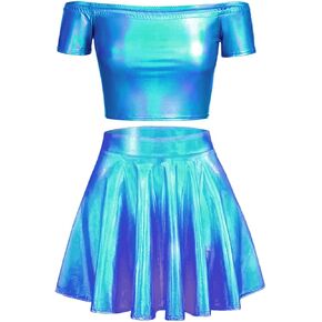 طقم ملابس نسائي من SFBBCLOZ للمهرجانات 2 قطعة بكتف واحد معدني تنورة طويلة EDM ملابس نادي الهذيان in Kuwait