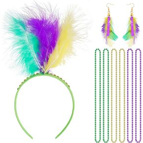 Yookat 8 Pieces Mardi Gras Outfits Mardi Gras Costume Accessories Mardi Gras Headband Earrings Beads Necklace for Women in Kuwait