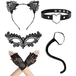 إكسسوارات زي القطة السوداء، قناع دانتيل، عصابة رأس للقطط، قفازات، قلادة وذيل in Kuwait