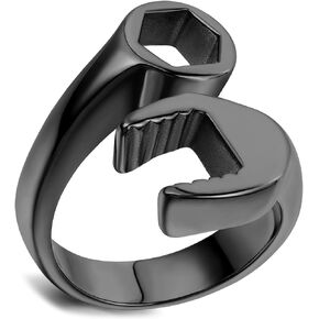 Men's Biker Spanner Mechanic Wrench Tool Ring Band, Polished Stainless Steel Rings Jewelry Gifts-Black