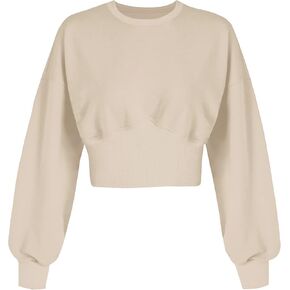 MISSACTIVER Women Casual Crewneck Crop Sweatshirt Solid Long Sleeve Drop Shoulder Pullovers Ribbed Corset Hem Crop Jumper Top in Kuwait