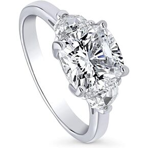 BERRICLE Sterling Silver 3-Stone Wedding Engagement Rings Cushion Cut Cubic Zirconia CZ Ring for Women, Rhodium Plated Size 4-10