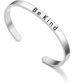 akowemge Be Kind Bracelet for Women,Adjustable Stainless Steel Band Silver Simple Inspirational Friendship Bracelet Gift