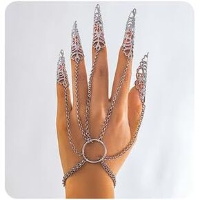 Bracelet with Finger Nails Hollow Finger Nail Tip Claw Rings Ancient Queen Halloween Cosplay Indian Egyptian Belly Dance Bracelet Slave Circle Hand Chain Accessories for Women Girls