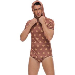 Mens Short Sleeve Bodysuit Romper Pajamas For Men Button Crotch Onesies-Bear Hoodie Onesies
