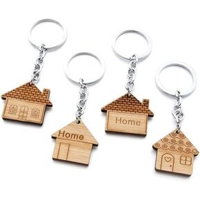 Wresty 4 Pcs House Design Key Chain Wood Keychain Home Key Ring Decoration Housewarming Gift Favors Brown