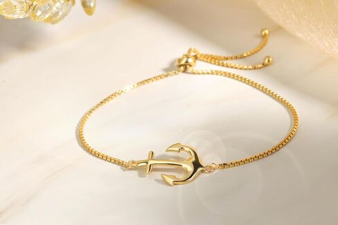 Hoops & Loops 925 Sterling Silver Sailor Anchor High Polished Hypoallergenic Anti-Tarnish Adjustable Bracelet for Women Men Teen Girls, Silver, Yellow Gold & Rose Gold in Saudi Arabia