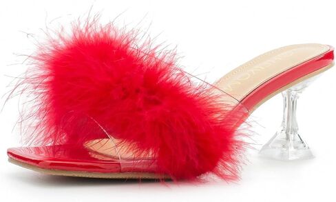 Heiyom Women's Square Toe High Stilettos Heels Mules Sandals Fluffy Feather Slip on Clear High Heels Wedding Bridal Party Dress Shoes in Kuwait