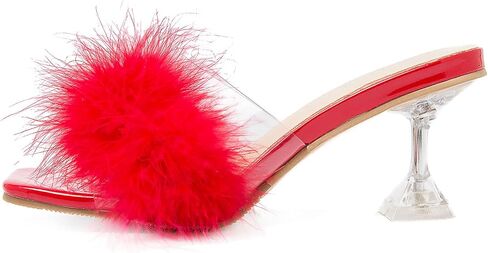 Heiyom Women's Square Toe High Stilettos Heels Mules Sandals Fluffy Feather Slip on Clear High Heels Wedding Bridal Party Dress Shoes in Kuwait